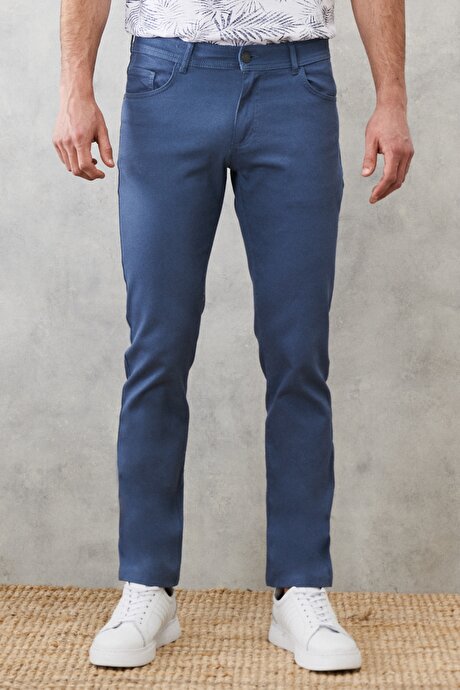 Slim Fit Dar Kesim Armürlü Esnek 5 Cepli Casual Petrol Pantolon resmi