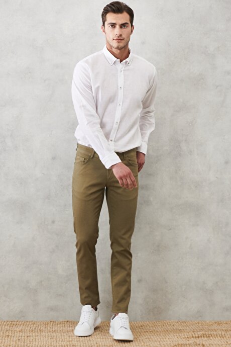 Slim Fit Dar Kesim Armürlü Esnek 5 Cepli Casual Yeşil Pantolon resmi