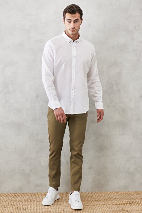 Slim Fit Dar Kesim Armürlü Esnek 5 Cepli Casual Yeşil Pantolon resmi