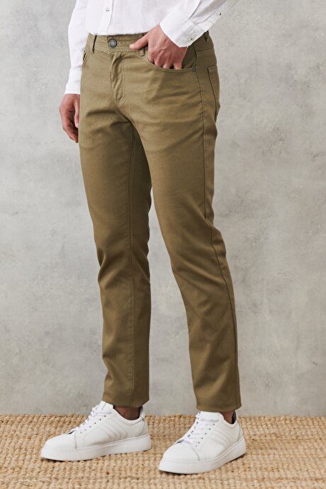 Slim Fit Dar Kesim Armürlü Esnek 5 Cepli Casual Yeşil Pantolon resmi