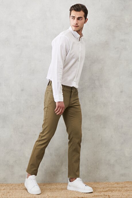 Slim Fit Dar Kesim Armürlü Esnek 5 Cepli Casual Yeşil Pantolon resmi