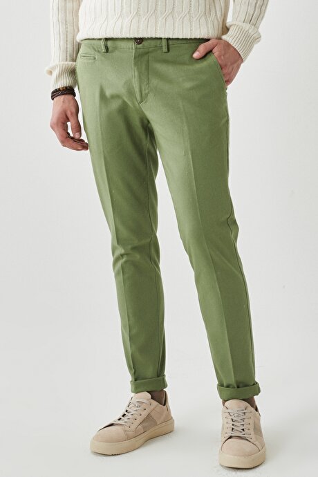 Slim Fit Dar Kesim Armürlü Yan Cep Casual Yeşil Pantolon resmi