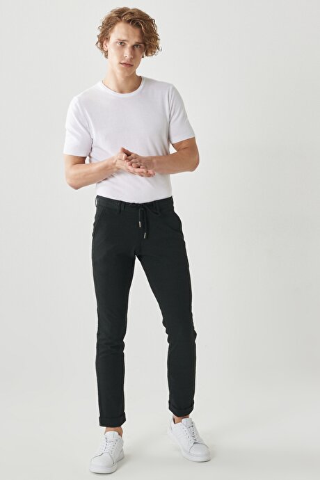 Slim Fit Dar Kesim Yan Cep Desenli Siyah Pantolon resmi