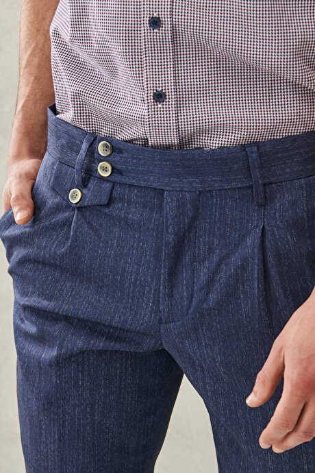 Slim Fit Dar Kesim Balıksırtı Desenli Klasik Lacivert Pantolon resmi