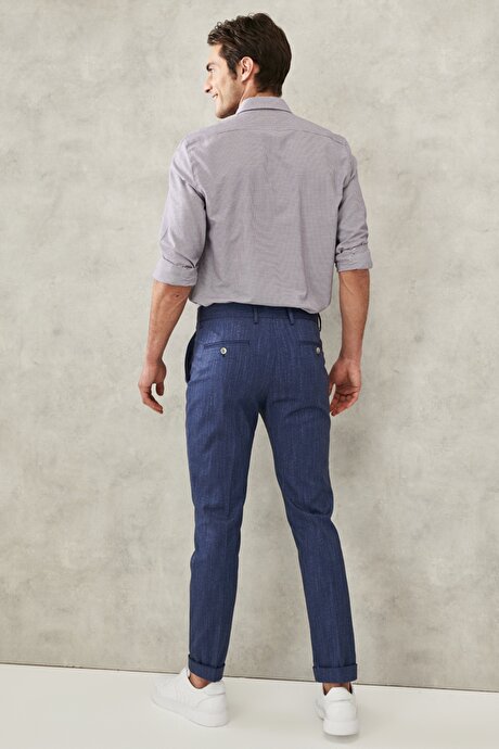 Slim Fit Dar Kesim Balıksırtı Desenli Klasik Lacivert Pantolon resmi
