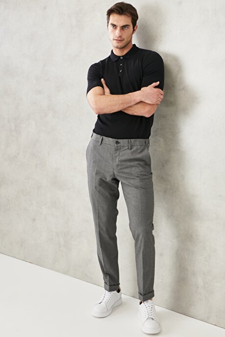 Slim Fit Dar Kesim Beli Lastikli Yan Cep Gri-Siyah Pantolon resmi