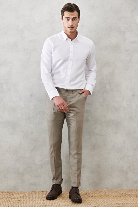 Slim Fit Dar Kesim Armürlü Beli Lastikli Kahve-Beyaz Pantolon resmi