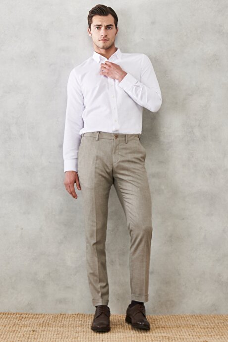 Slim Fit Dar Kesim Armürlü Beli Lastikli Kahve-Beyaz Pantolon resmi