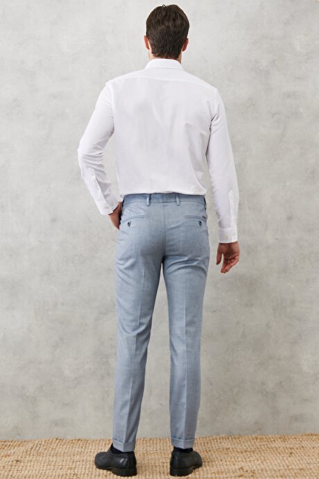 Slim Fit Dar Kesim Armürlü Beli Lastikli Mavi-Beyaz Pantolon resmi