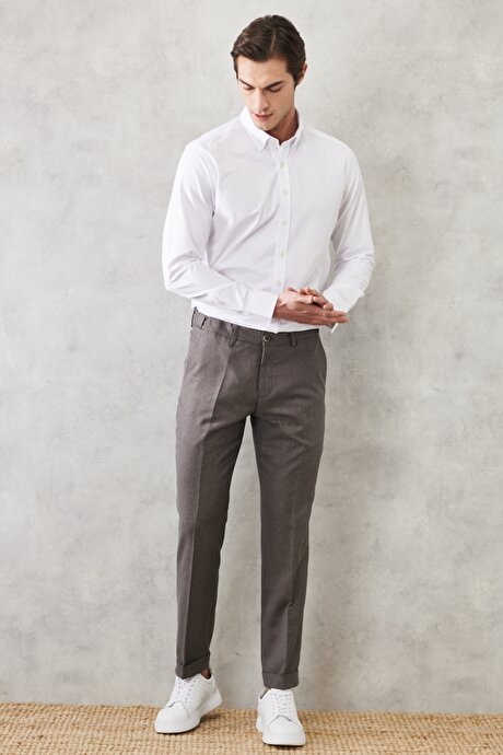 Comfort Fit Rahat Kesim Beli Lastikli Desenli Gri-Kahverengi Pantolon resmi