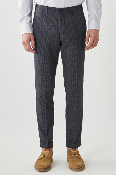 Slim Fit Dar Kesim Yan Cep Beli Lastikli Klasik Lacivert-Gri Pantolon resmi