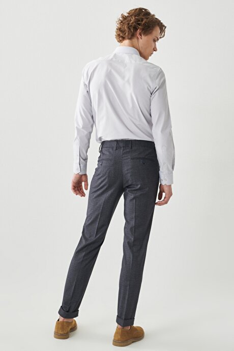 Slim Fit Dar Kesim Yan Cep Beli Lastikli Klasik Lacivert-Gri Pantolon resmi