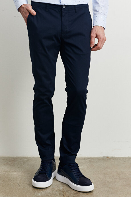 Slim Fit Dar Kesim Armürlü Esnek Lacivert Pantolon resmi