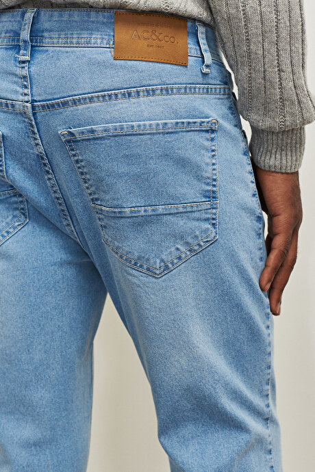 Trend Slim Fit Dar Kesim Pamuklı Esnek Jean Kot Buz Mavisi Denim Pantolon resmi