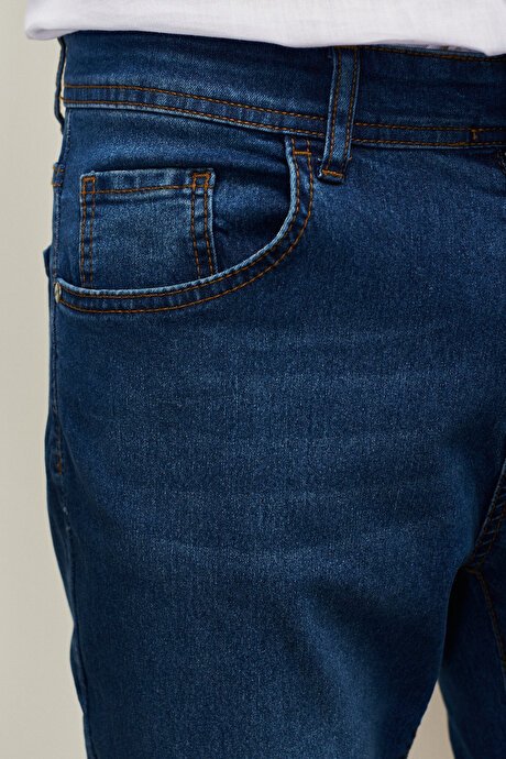 Trend Slim Fit Dar Kesim Pamuklı Esnek Jean Kot Koyu Mavi Denim Pantolon resmi