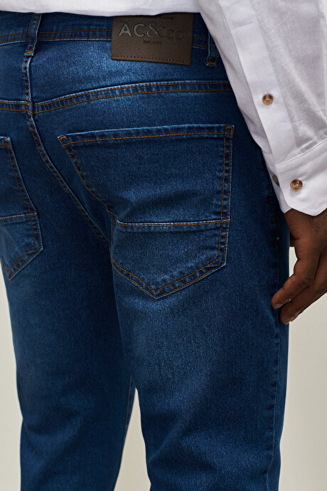Trend Slim Fit Dar Kesim Pamuklı Esnek Jean Kot Koyu Mavi Denim Pantolon resmi