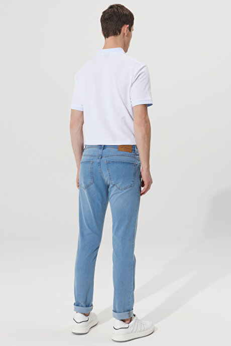 Slim Fit Dar Kesim 5 Cepli Esnek Jean Kot Açık Mavi Denim Pantolon resmi