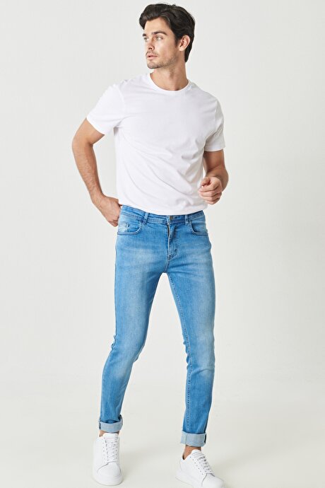 Ekstra Slim Fit Dar Kesim 5 Cepli Esnek Jean Kot Açık Mavi Denim Pantolon resmi