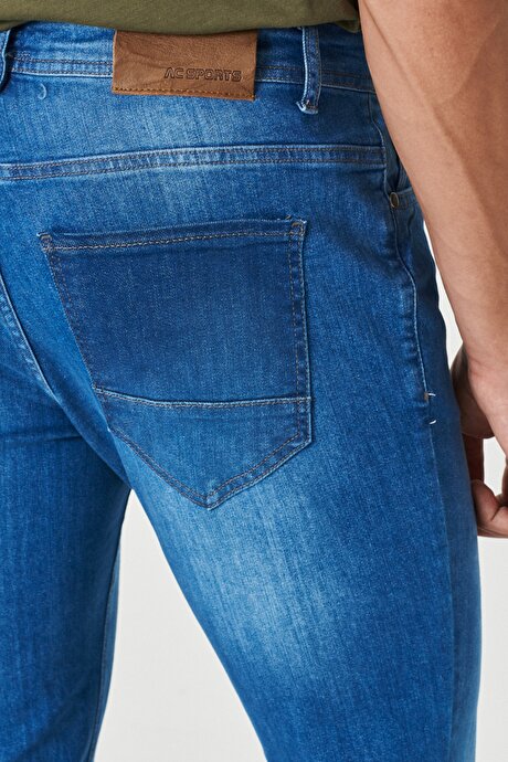 Slim Fit Dar Kesim 5 Cepli Esnek Jean Kot Mavi Denim Pantolon resmi