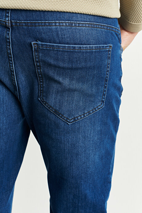 Trend Slim Fit Dar Kesim 5 Cep Esnek Jean Kot Koyu Mavi Denim Pantolon resmi