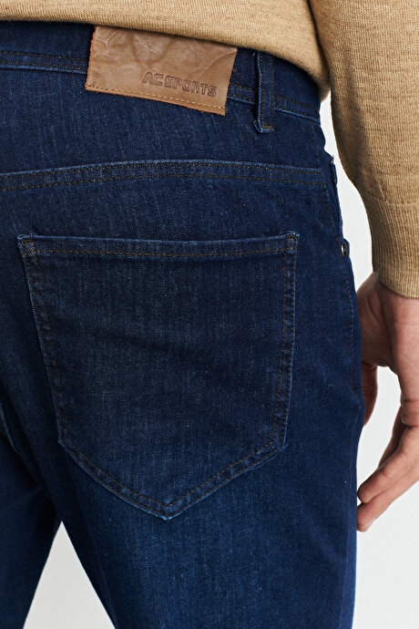 Trend Slim Fit Dar Kesim 5 Cep Esnek Jean Kot Lacivert Denim Pantolon resmi