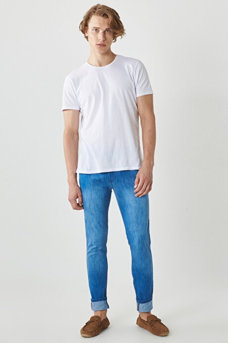 Ekstra Slim Fit Dar Kesim 5 Cep Rııs Jean Kot Mavi Denim Pantolon resmi