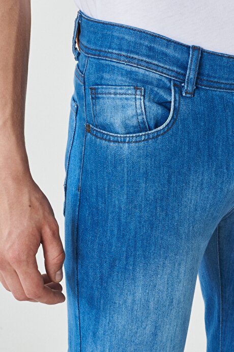 Ekstra Slim Fit Dar Kesim 5 Cep Rııs Jean Kot Mavi Denim Pantolon resmi