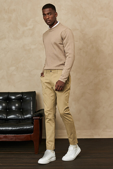 Slim Fit Dar Kesim Çizgili Yan Cepli Esnek Casual Bej Chino Pantolon resmi