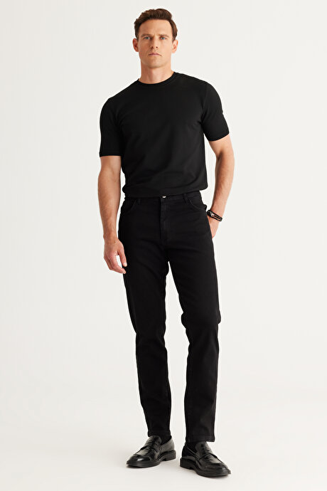 Comfort Fit Rahat Kesim Tapered Esnek Jean Siyah Denim Pantolon resmi