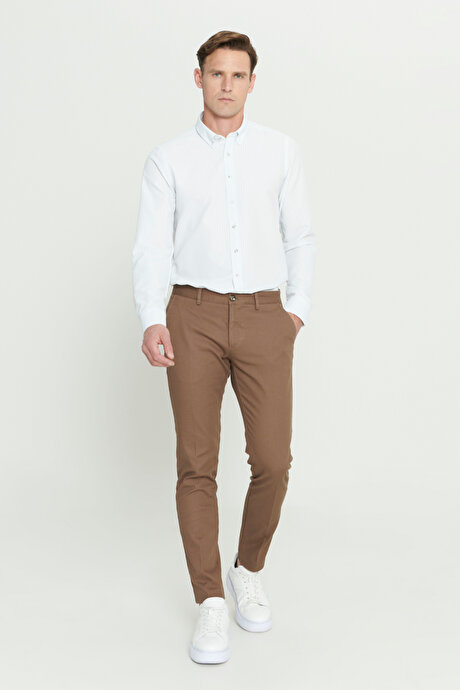 Slim Fit Dar Kesim Armürlü Esnek Camel Pantolon resmi