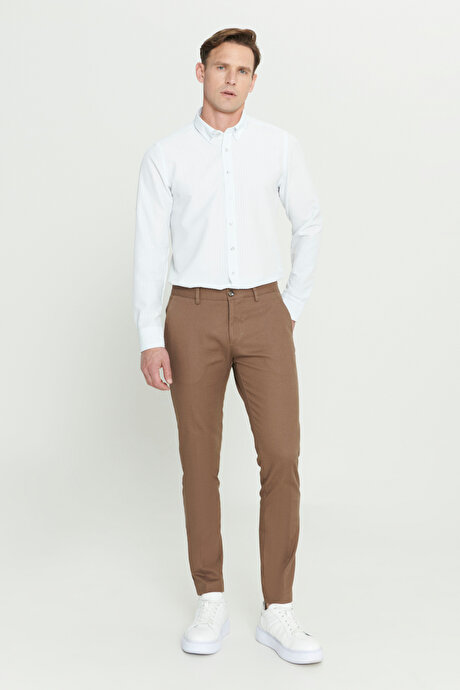 Slim Fit Dar Kesim Armürlü Esnek Camel Pantolon resmi