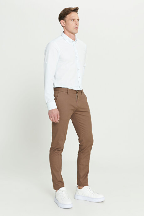 Slim Fit Dar Kesim Armürlü Esnek Camel Pantolon resmi