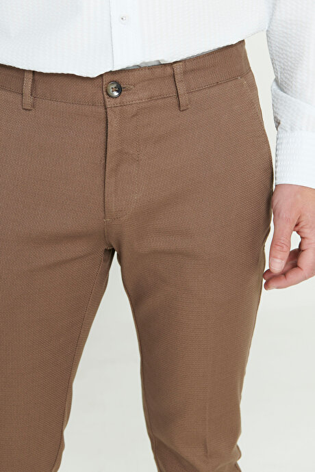 Slim Fit Dar Kesim Armürlü Esnek Camel Pantolon resmi
