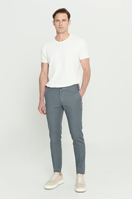 Slim Fit Dar Kesim Armürlü Esnek Gri-Mavi Pantolon resmi