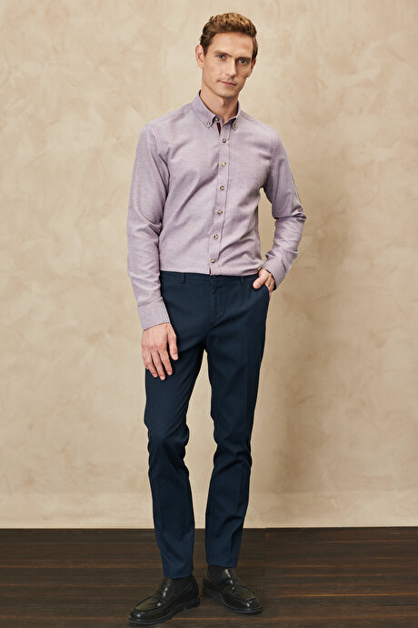 Slim Fit Dar Kesim Armürlü Esnek Lacivert Pantolon resmi