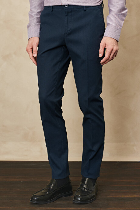 Slim Fit Dar Kesim Armürlü Esnek Lacivert Pantolon resmi