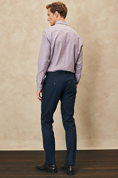 Slim Fit Dar Kesim Armürlü Esnek Lacivert Pantolon resmi