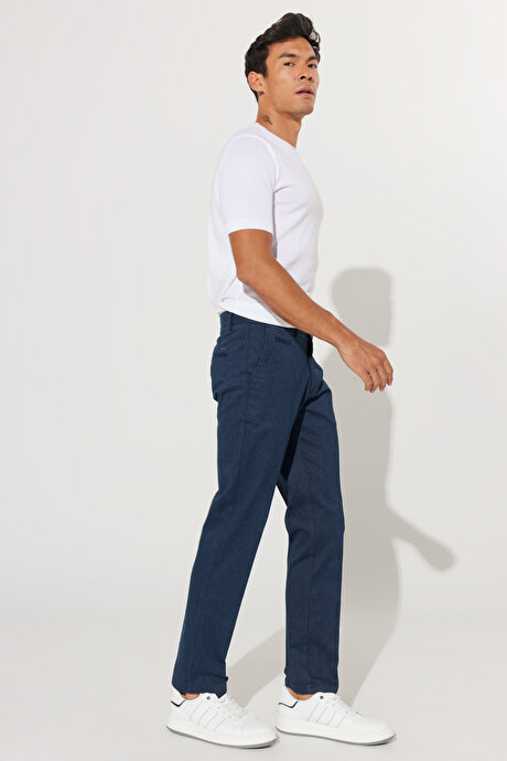 Comfort Fit Rahat Kesim Diyagonal Desenli Esnek Lacivert Pantolon resmi