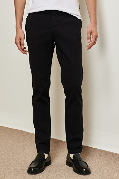 Slim Fit Dar Kesim Diyagonal Desenli Esnek Siyah Chino Pantolon resmi