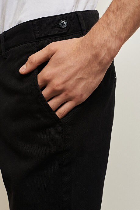 Slim Fit Dar Kesim Diyagonal Desenli Esnek Siyah Chino Pantolon resmi