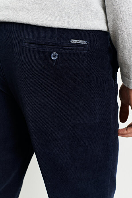 Comfort Fit Geniş Kesim Kadife Esnek Lacivert Pantolon resmi