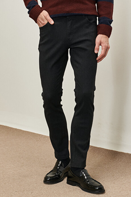 Slim Fit Dar Kesim Desenli Esnek Siyah Pantolon resmi