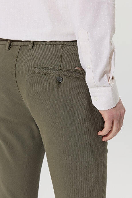Slim Fit Dar Kesim Diyagonal Desenli Esnek Haki Pantolon resmi