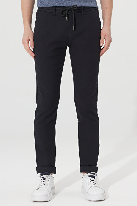 Slim Fit Dar Kesim Diyagonal Desenli Esnek Siyah Pantolon resmi