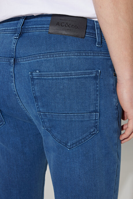 Trend Slim Fit Dar Kesim 5 Cep Esnek Jean Kot Mavi Denim Pantolon resmi