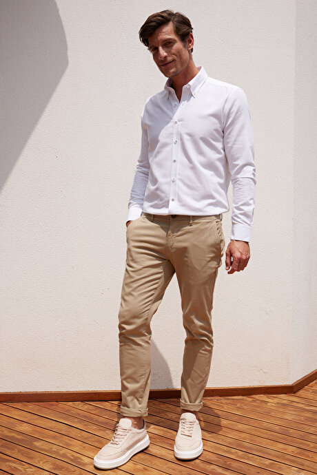 Slim Fit Dar Kesim Pamuklu Esnek Yan Cep Rahat Bej Chino Pantolon resmi
