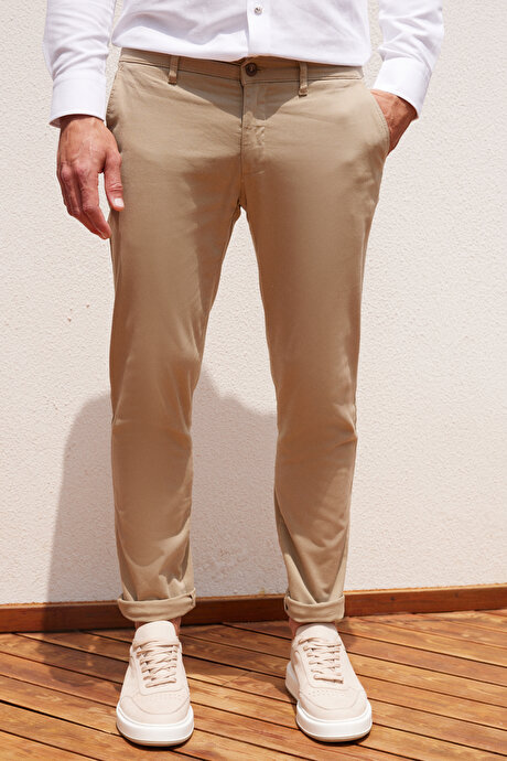 Slim Fit Dar Kesim Pamuklu Esnek Yan Cep Rahat Bej Chino Pantolon resmi