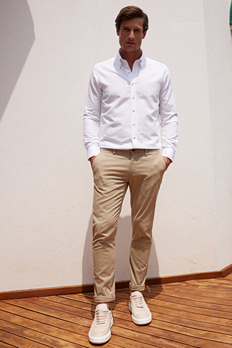 Slim Fit Dar Kesim Pamuklu Esnek Yan Cep Rahat Bej Chino Pantolon resmi