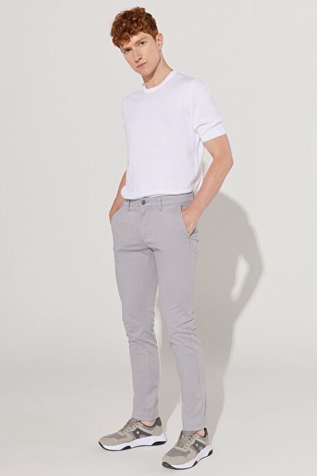 Slim Fit Dar Kesim Pamuklu Esnek Yan Cep Rahat Gri Chino Pantolon resmi