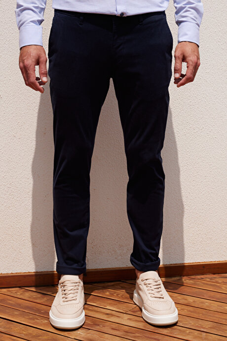 Slim Fit Dar Kesim Pamuklu Esnek Yan Cep Rahat Lacivert Chino Pantolon resmi
